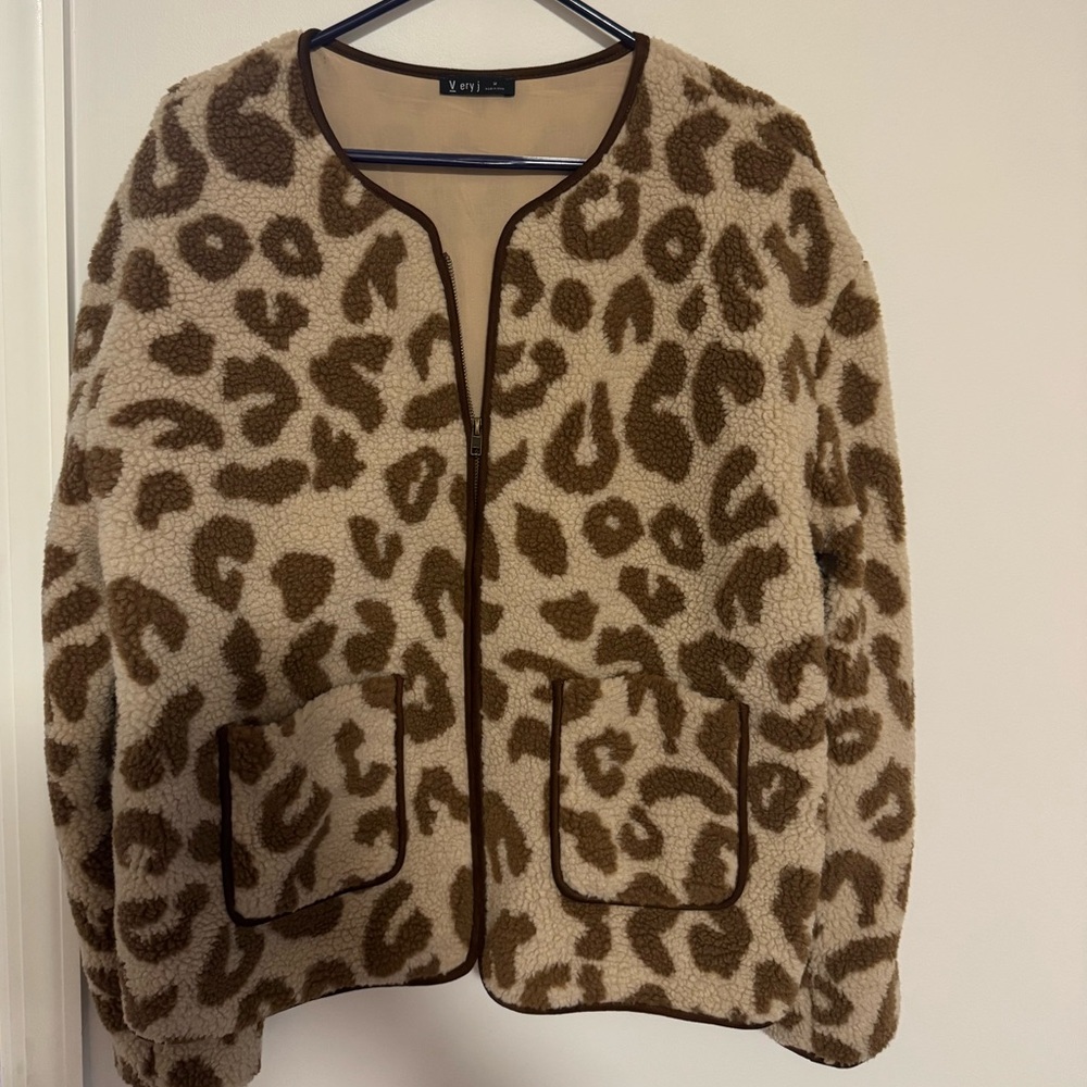 Very J Cream and Brown Leopard Teddy Jacket